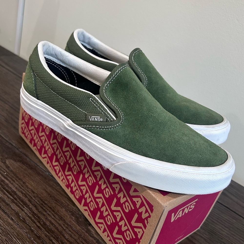 Vans Classic Men's and Women’s Textured Suede Chive Green Slip-On Sneakers